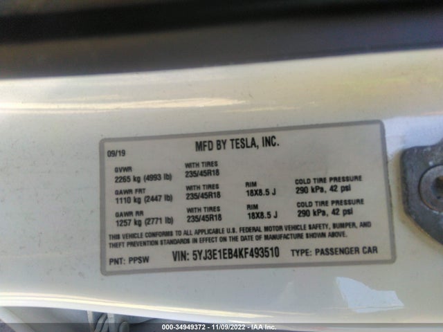 Tesla Model 3 Long Range/performance 2019 5YJ3E1EB4KF493510 Image 9