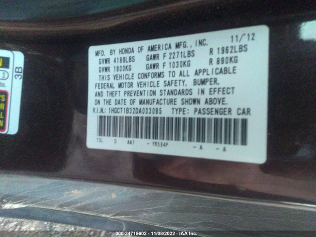 2013 HONDA ACCORD CPE LX-S VIN: 1HGCT1B32DA003095