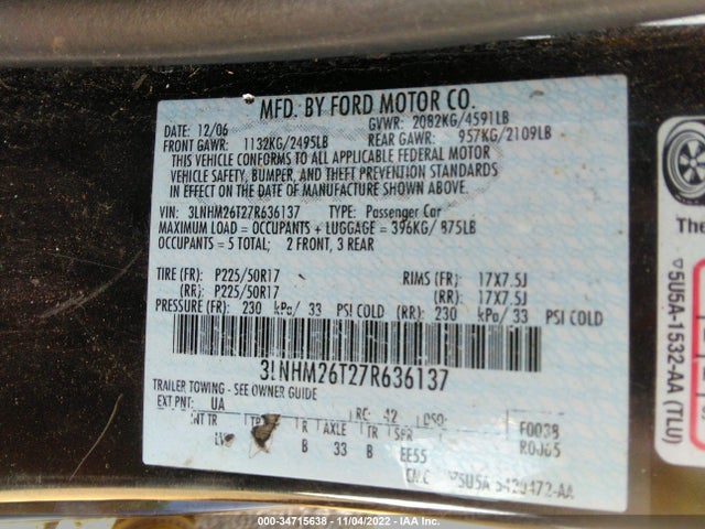 Lincoln MKZ 2007 3LNHM26T27R636137 Image 10