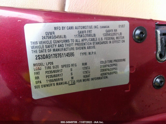 2007 SUZUKI XL7 LIMITED VIN: 2S3DA917876114586