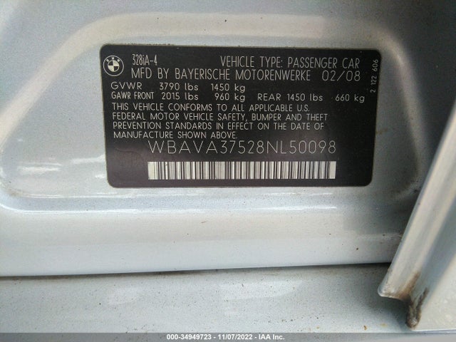 2008 BMW 3 SERIES 328I VIN: WBAVA37528NL50098