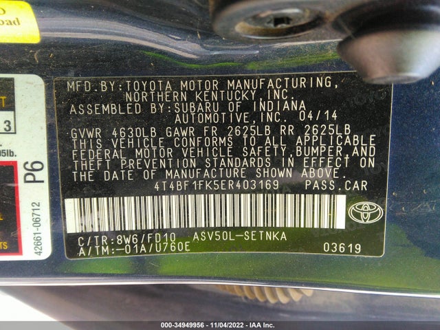 2014 TOYOTA CAMRY L/LE/XLE/SE/SE SPORT VIN: 4T4BF1FK5ER403169