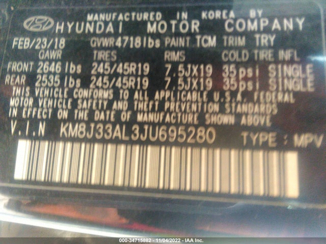 2018 Hyundai Tucson, VIN: KM8J33AL3JU695280