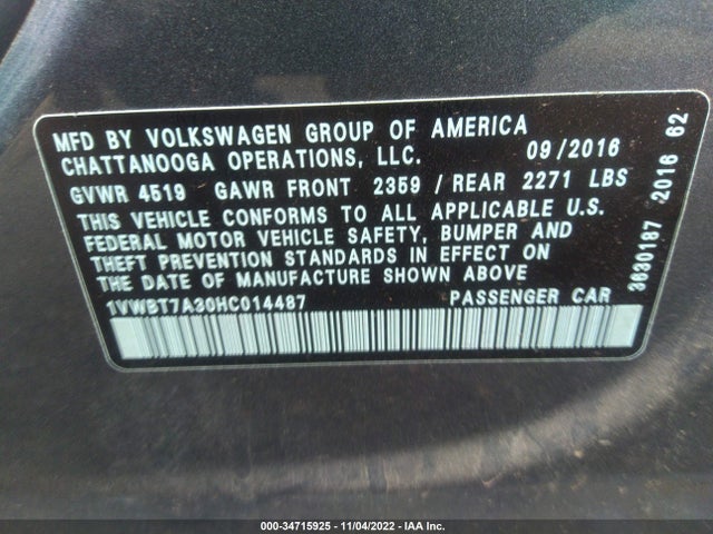 2017 Volkswagen Passat, VIN: 1VWBT7A30HC014487