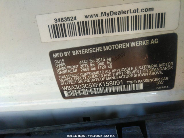 2015 BMW 3 SERIES 328D VIN: WBA3D3C5XFK158091