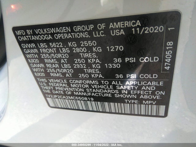 2021 Volkswagen Atlas, VIN: 1V2JP2CA2MC550819