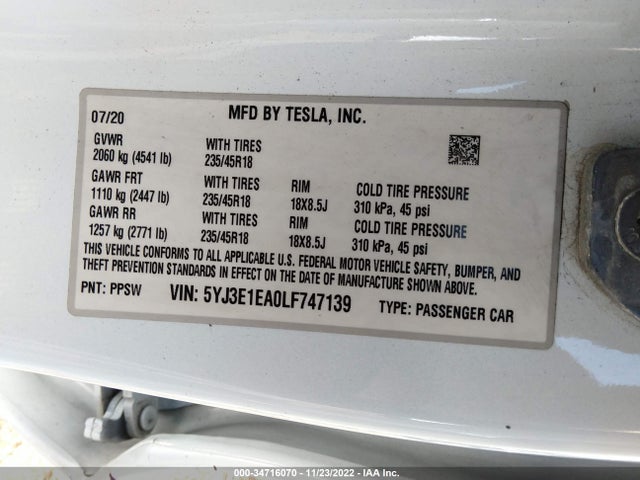 Tesla Model 3 Standard Range 2020 5YJ3E1EA0LF747139 Image 10