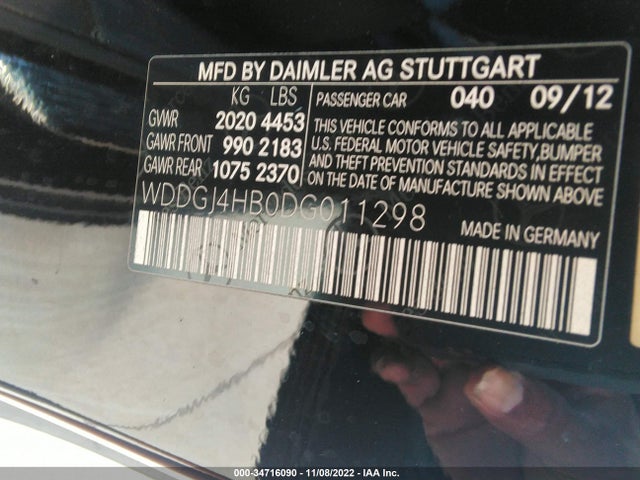 34716090 :رقم المزاد ، WDDGJ4HB0DG011298 vin ، 2013 Mercedes-benz C-class C 250 مزاد بيع