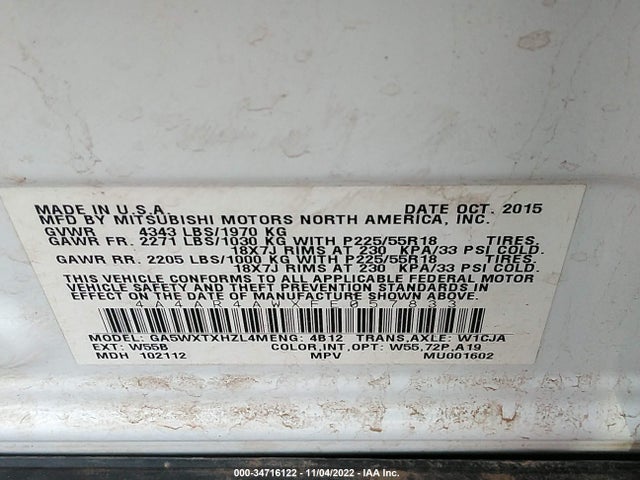 4A4AR4AWXFE057833 Mitsubishi Outlander Sport 2.4 Gt