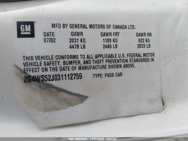 2003 BUICK CENTURY CUSTOM VIN: 2G4WS52J031112759