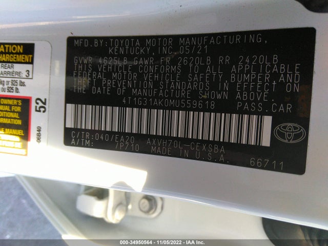 2021 Toyota Camry, VIN: 4T1G31AK0MU559618