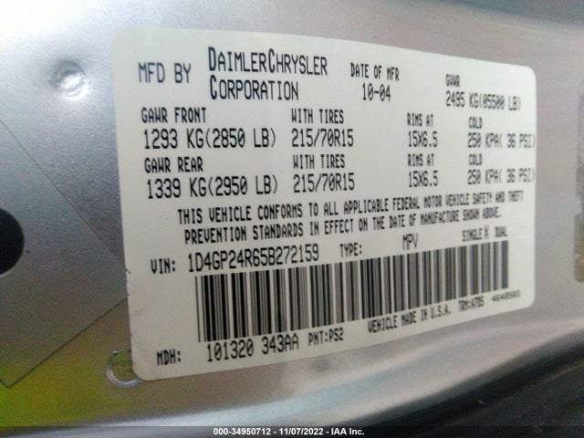 2005 DODGE GRAND CARAVAN SE VIN: 1D4GP24R65B272159