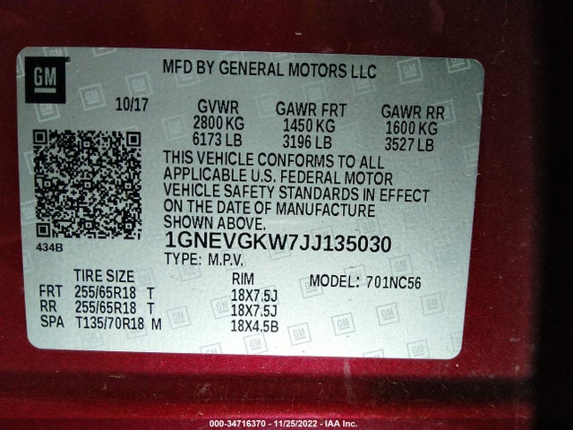 2018 Chevrolet Traverse, VIN: 1GNEVGKW7JJ135030