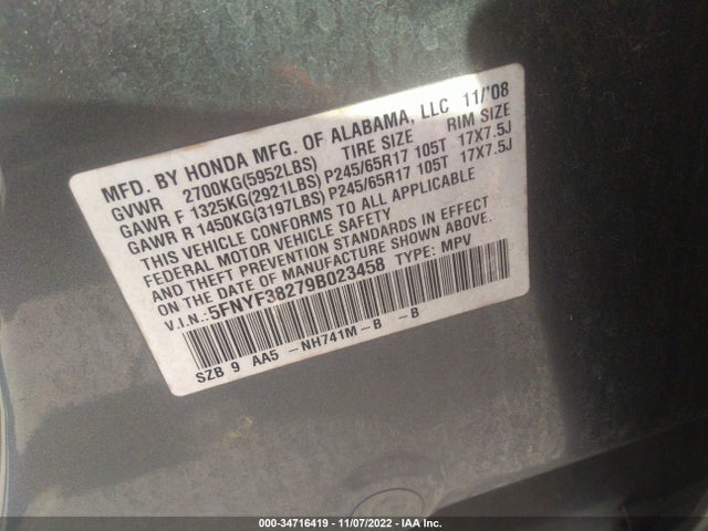 2009 HONDA PILOT LX VIN: 5FNYF38279B023458