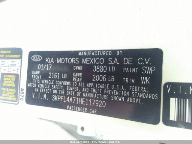 3KPFL4A71HE117920 KIA FORTE LX