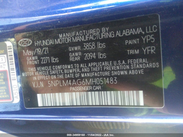 Aukcja sprzedaży 2021 Hyundai Elantra Sel, vin: 5NPLM4AG6MH051483, numer aukcji: 34959168