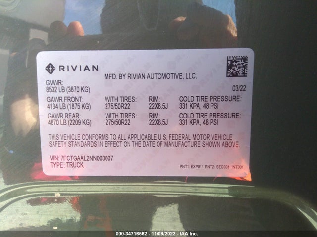 2022 Rivian R1T, VIN: 7FCTGAAL2NN003607
