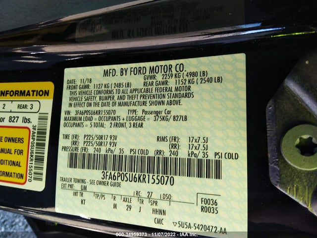 2019 Ford Fusion, VIN: 3FA6P0SU6KR155070
