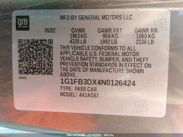 2022 Chevrolet Camaro, VIN: 1G1FB3DX4N0126424