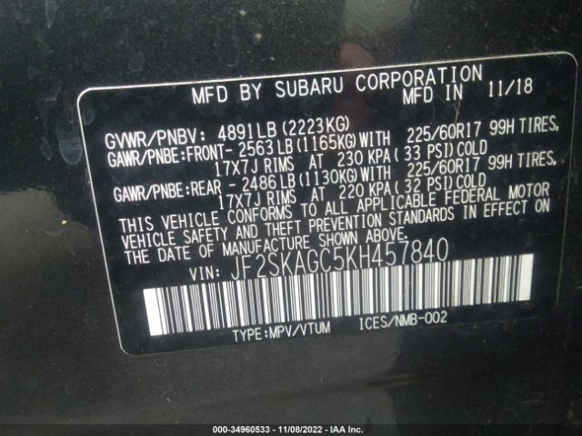 JF2SKAGC5KH457840 Subaru Forester Premium