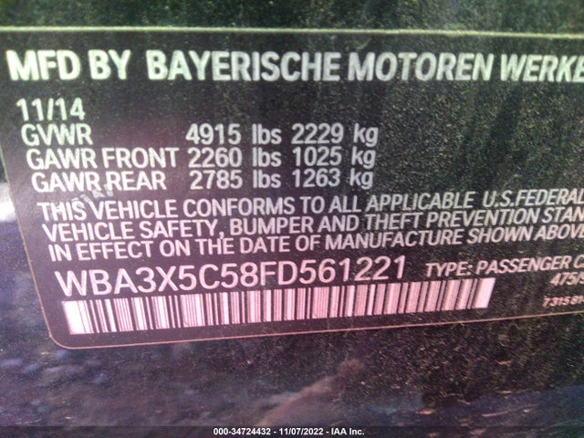 2015 BMW 3 SERIES GRAN TURISMO 328I XDRIVE VIN: WBA3X5C58FD561221
