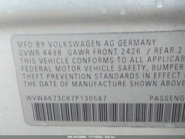 2007 VOLKSWAGEN PASSAT SEDAN 2.0T VIN: WVWAK73C67P130587