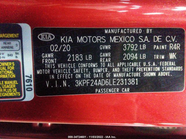 3KPF24AD6LE231381 KIA Forte Lxs