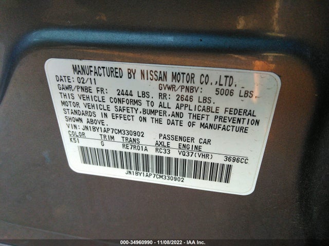 2012 INFINITI M37 VIN: JN1BY1AP7CM330902