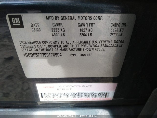 2009 CADILLAC CTS RWD W/1SA VIN: 1G6DF577790173904