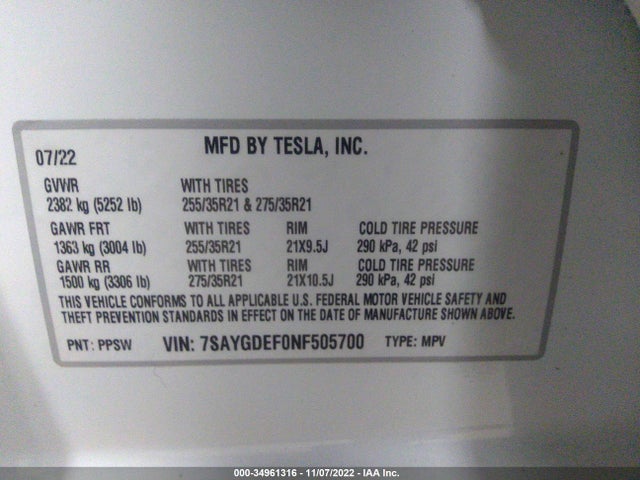 Tesla Model Y Performance 2022 7SAYGDEF0NF505700 Image 10