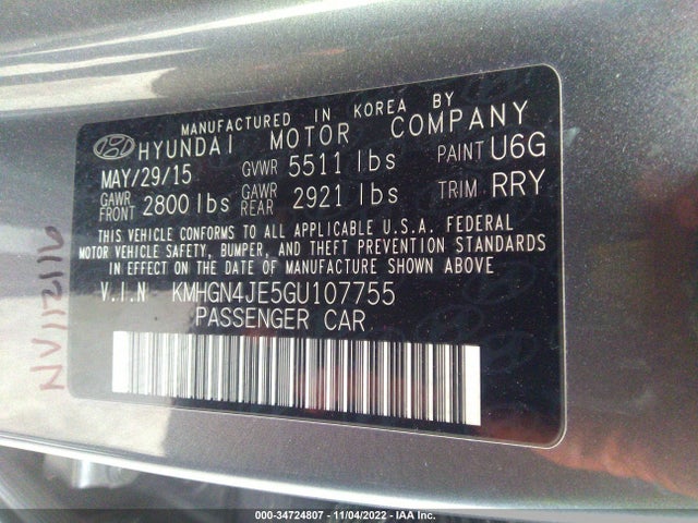 2016 Hyundai Genesis, VIN: KMHGN4JE5GU107755