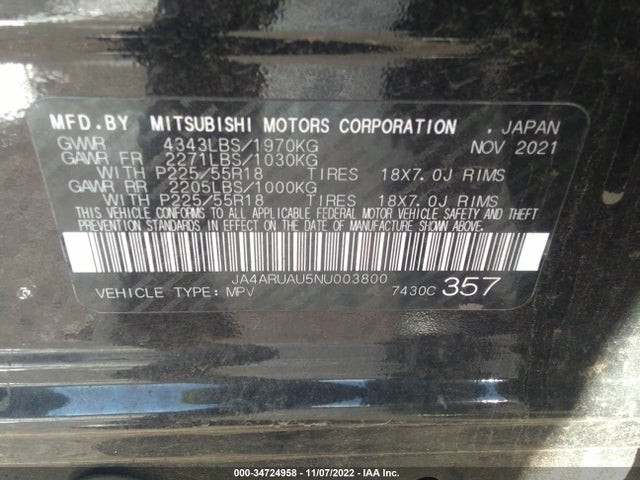 JA4ARUAU5NU003800 Mitsubishi Outlander Sport Es/le/se