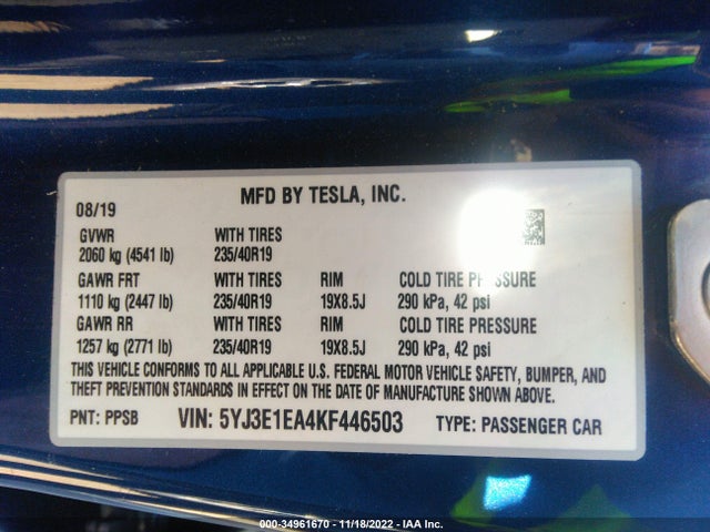 Tesla Model 3 Range 2019 5YJ3E1EA4KF446503 Image 9