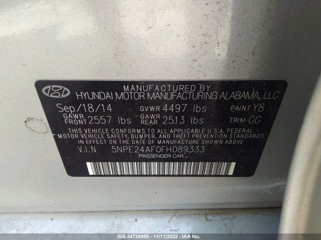 2015 HYUNDAI SONATA 2.4L SE VIN: 5NPE24AF0FH089333