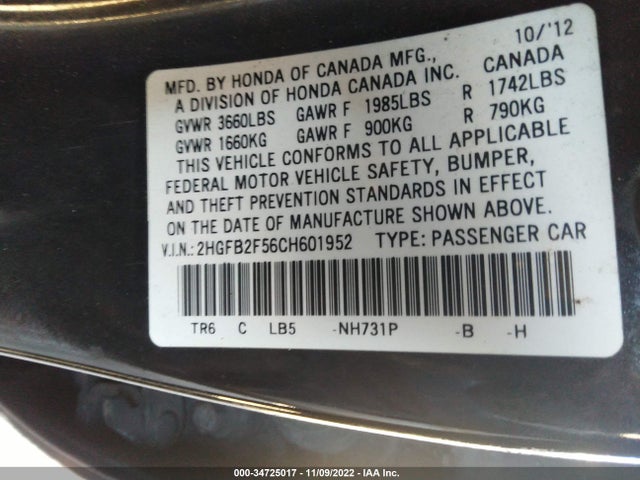 2012 HONDA CIVIC SDN LX VIN: 2HGFB2F56CH601952
