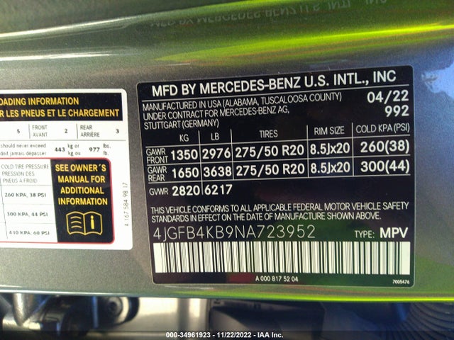 2022 Mercedes-Benz GLE-Class, VIN: 4JGFB4KB9NA723952