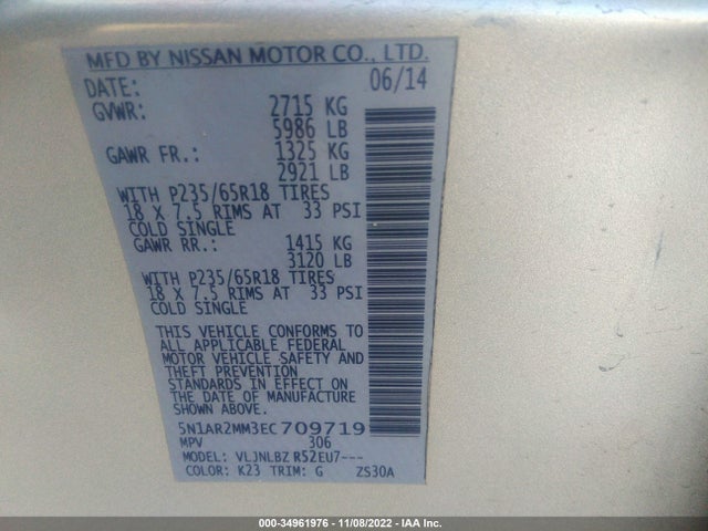 2014 NISSAN PATHFINDER S VIN: 5N1AR2MM3EC709719