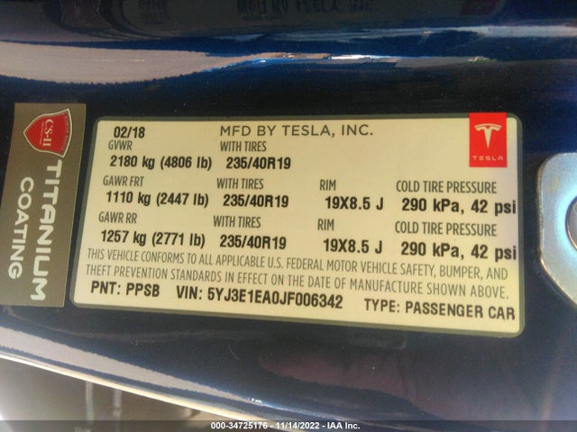 Tesla Model 3 Range Battery 2018 5YJ3E1EA0JF006342 Image 9