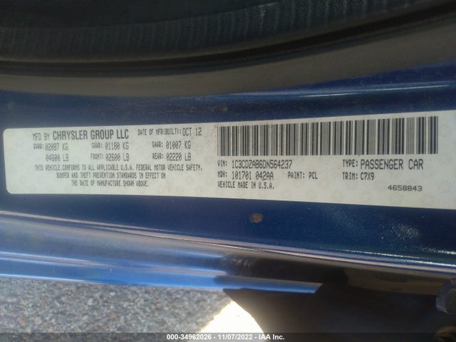 2013 DODGE AVENGER SE VIN: 1C3CDZAB6DN564237