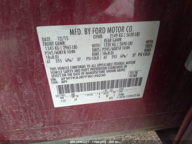 2015 FORD EDGE SEL VIN: 2FMTK4J87FBC39230