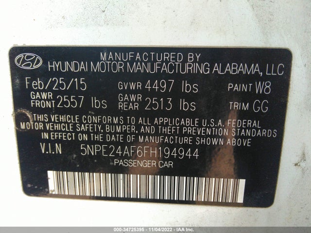 2015 HYUNDAI SONATA 2.4L SE VIN: 5NPE24AF6FH194944