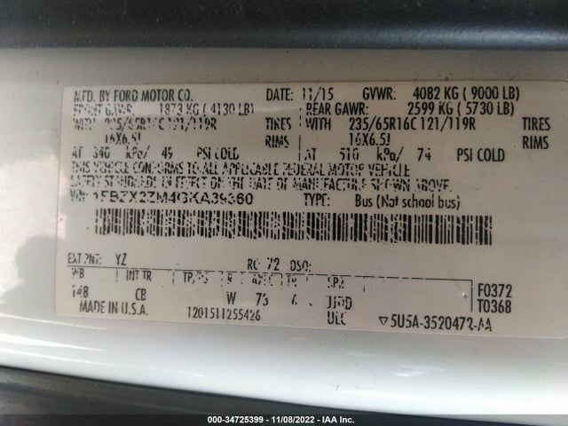 2016 Ford Transit, VIN: 1FBZX2ZM4GKA39360