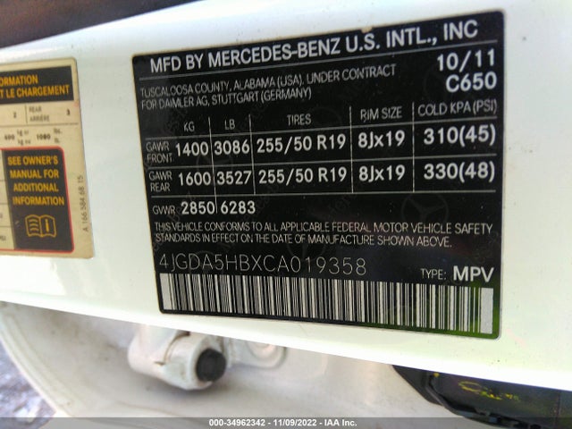 2012 MERCEDES-BENZ M-CLASS ML 350 VIN: 4JGDA5HBXCA019358