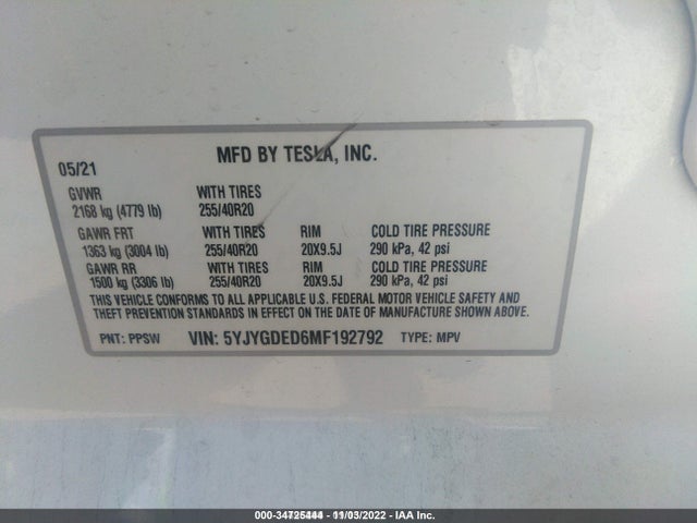 Продаж на аукціоні авто 2021 Tesla Model Y Standard Range, vin: 5YJYGDED6MF192792, номер лоту: 34725444