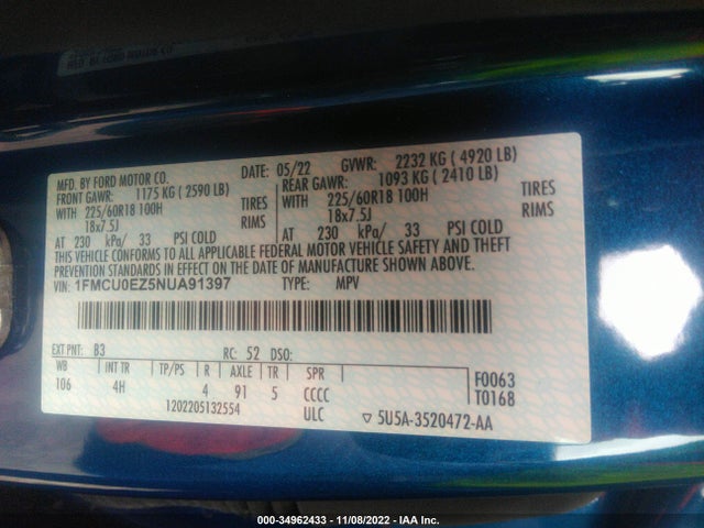 2022 Ford Escape, VIN: 1FMCU0EZ5NUA91397