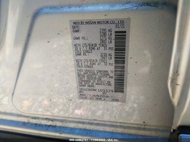 2021 NISSAN MURANO S VIN: 5N1AZ2AS0MC105529
