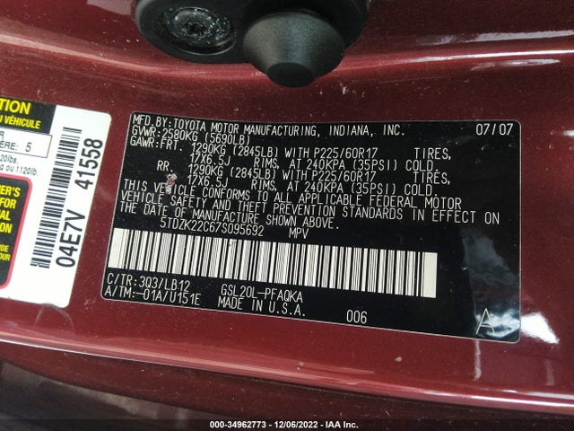 2007 TOYOTA SIENNA XLE VIN: 5TDZK22C67S095692
