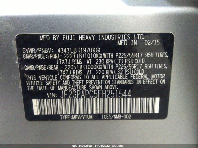Subaru Xv Crosstrek Limited 2015 JF2GPAPC5FH251544 Image 10