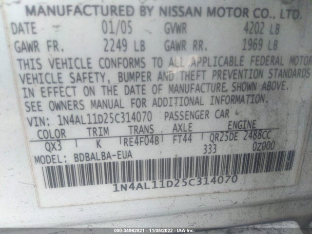 2005 NISSAN ALTIMA 2.5 S VIN: 1N4AL11D25C314070