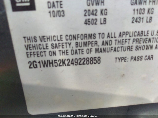 2004 CHEVROLET IMPALA LS VIN: 2G1WH52K249228858